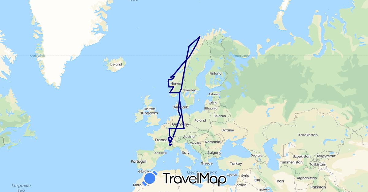 TravelMap itinerary: driving in Belgium, Germany, Denmark, France, Norway (Europe)